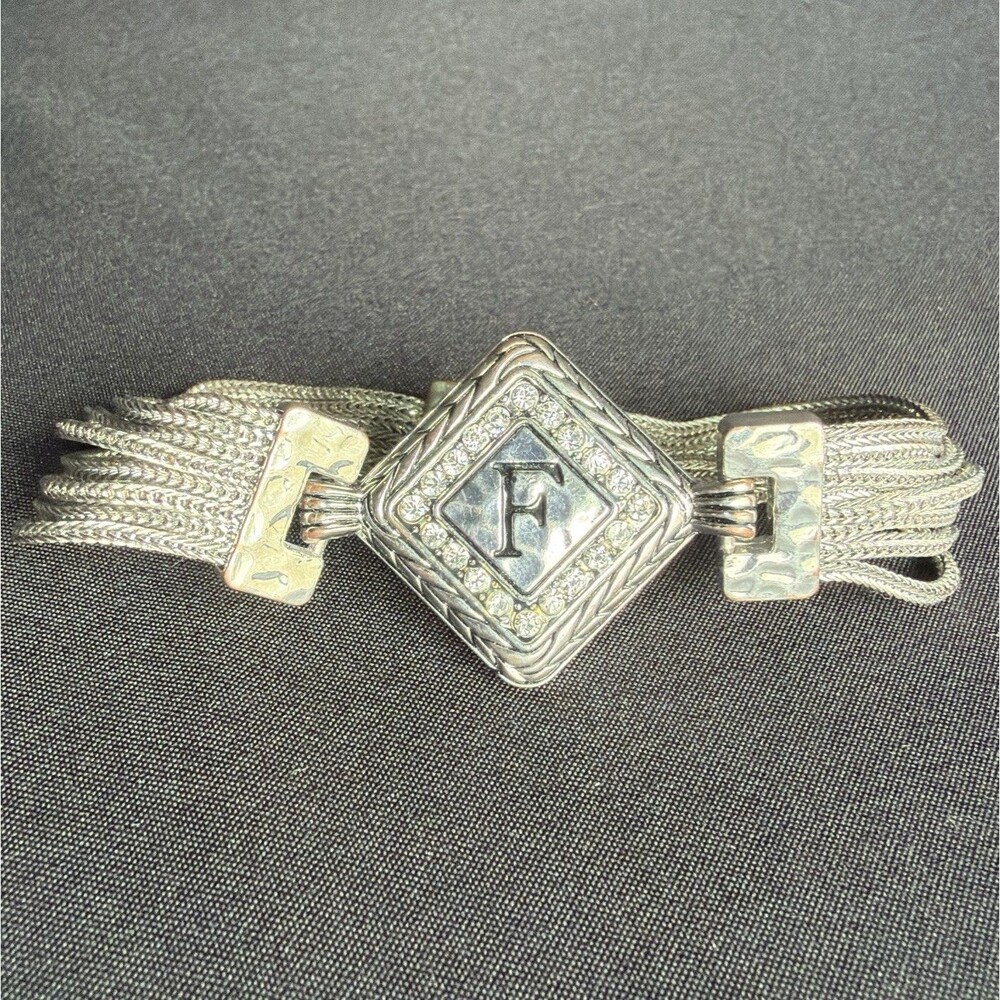 Initial "F" GANZ Multi Chain Bracelet, Silver Tone & Rhinestones, Magnetic Clasp